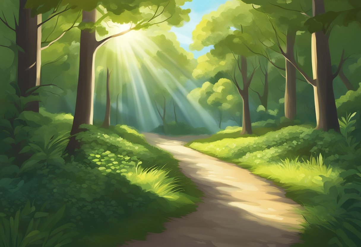 A serene path winding through a lush forest, with sunlight streaming through the trees and illuminating the way forward