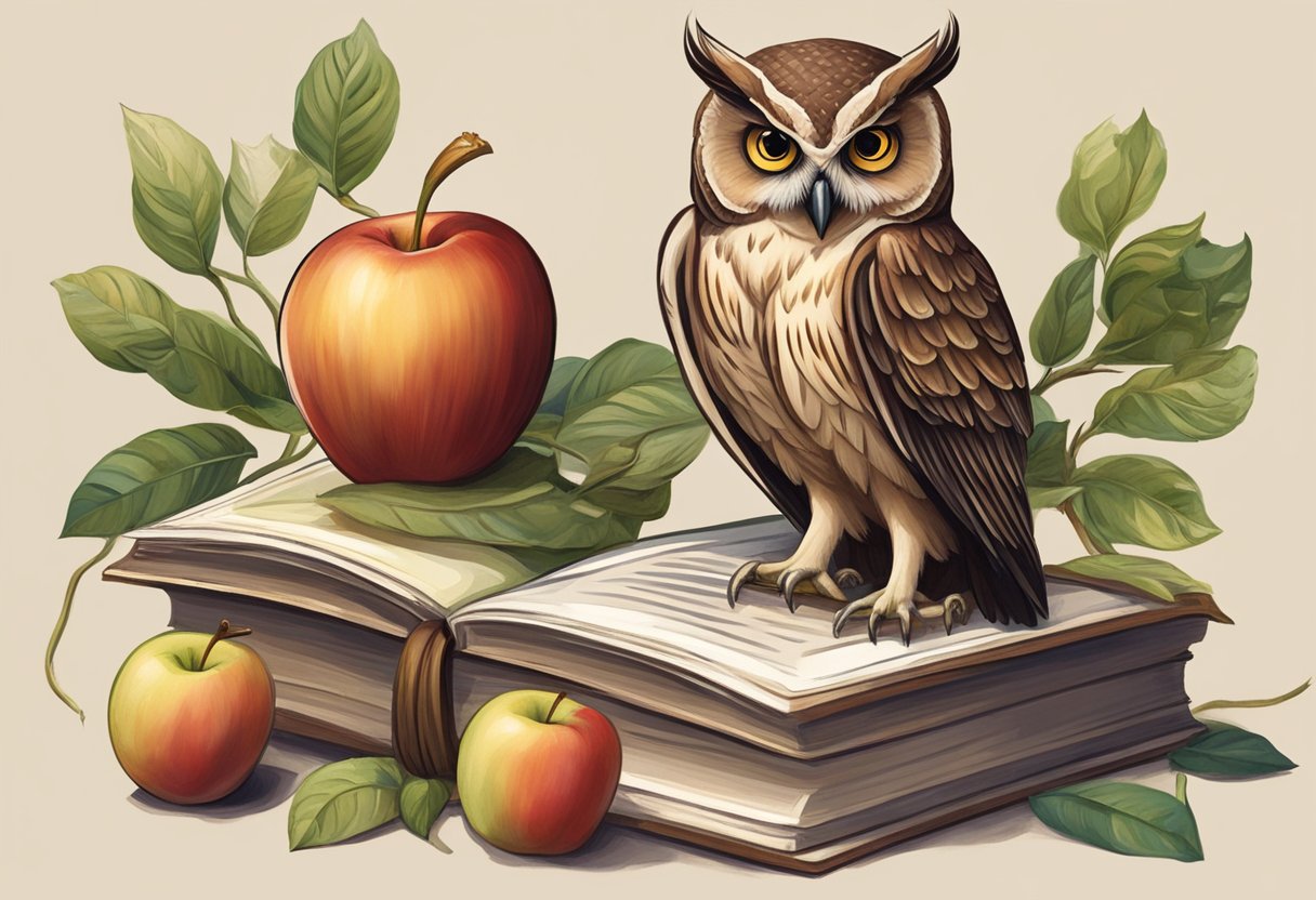 Athena and Eve's symbols: an owl perched on a book, and a serpent wrapped around an apple