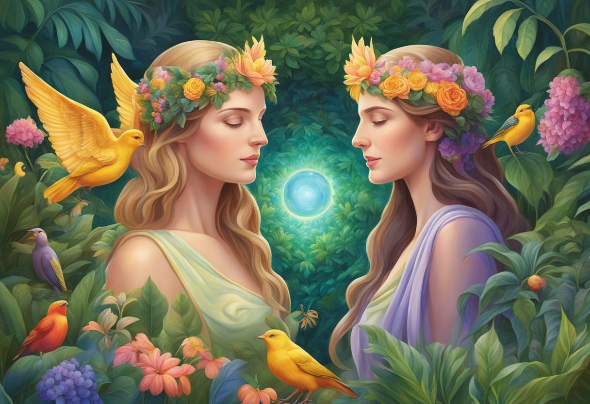 Athena and Eve's symbols of wisdom and temptation intertwine in a garden of lush, vibrant flora, with a mysterious aura surrounding them