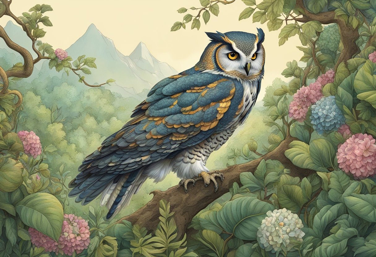 Athena's owl perched on a branch, while a serpent slithers through a lush garden