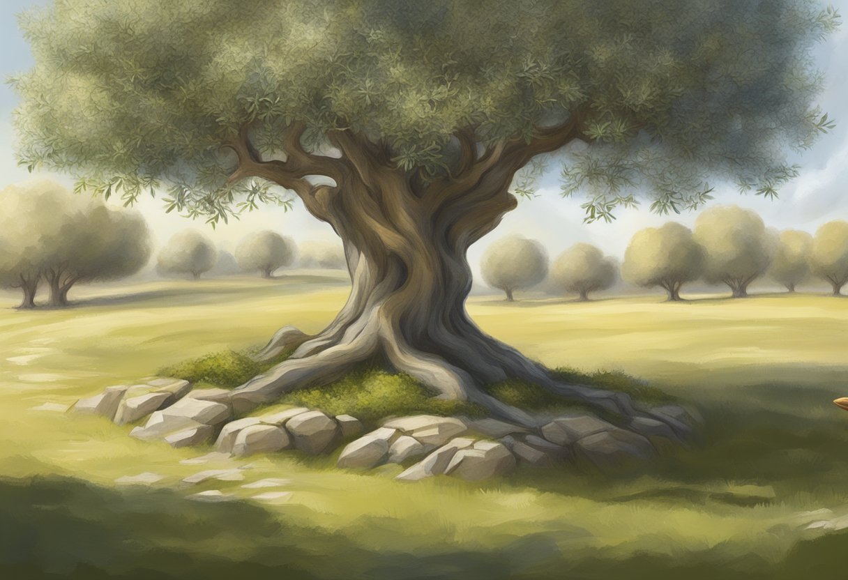 A serene olive tree stands beside a forbidden apple tree, symbolizing wisdom and temptation