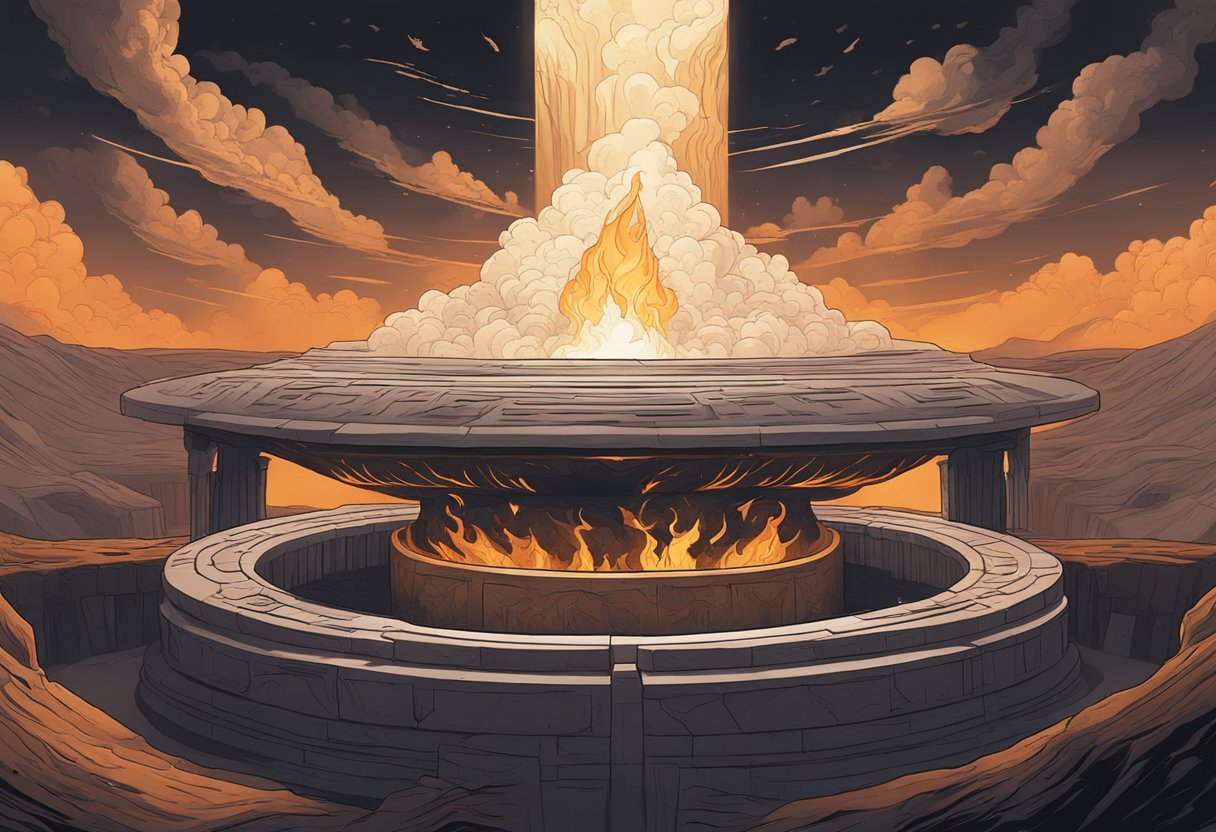 A dark, fiery pit surrounded by ominous symbols, contrasting with a serene, heavenly scene in the background