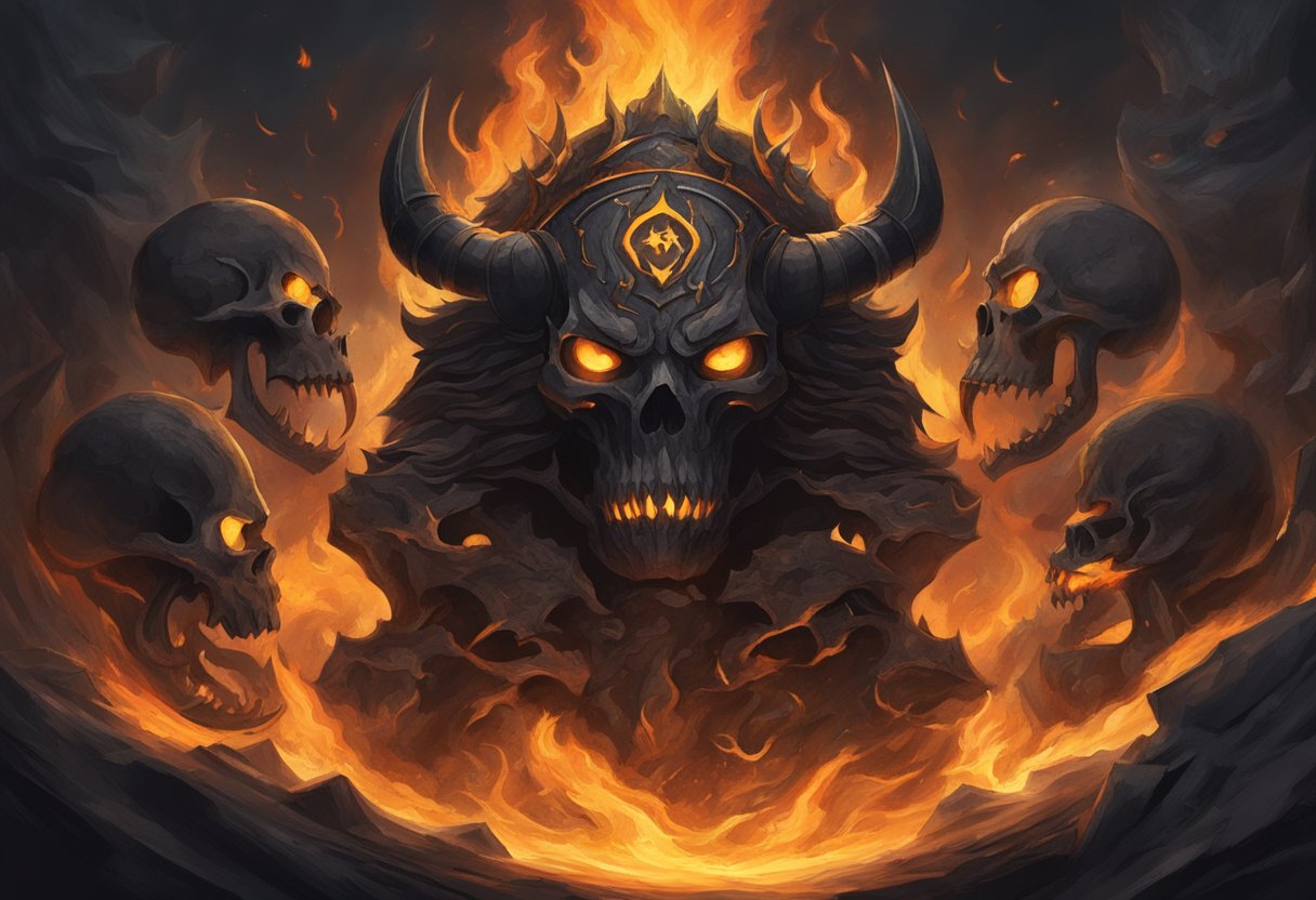 A dark, fiery pit surrounded by ominous symbols such as flames, demons, and skulls, creating a sense of danger and malevolence