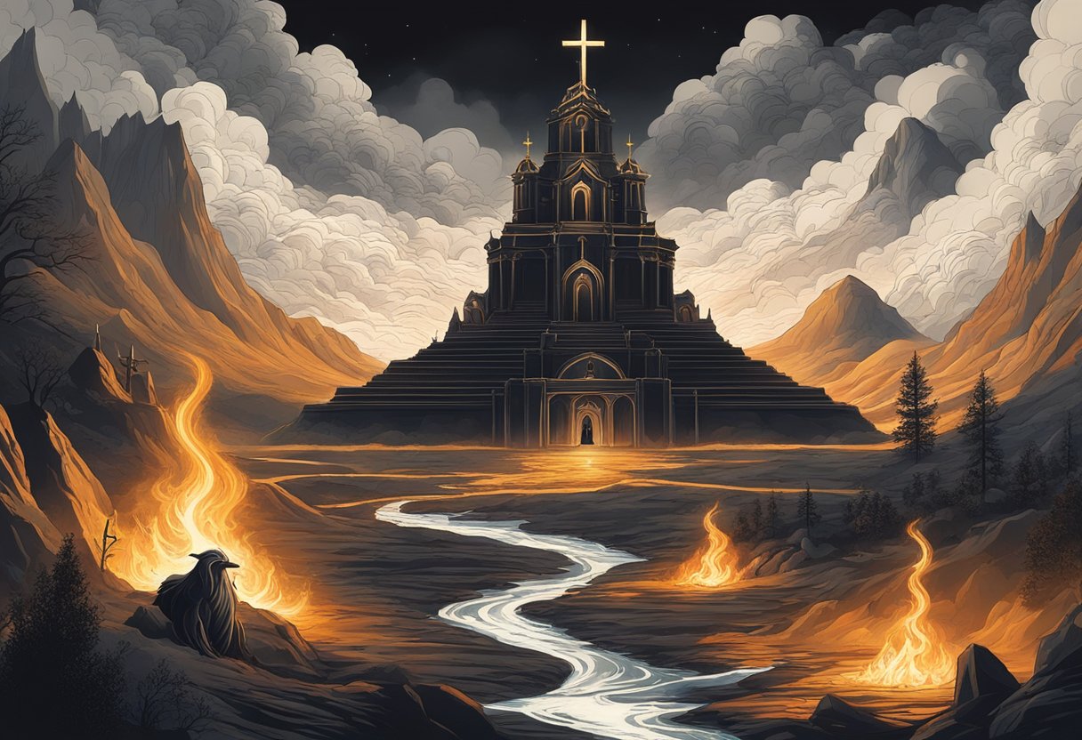 A dark, fiery landscape with ominous symbols and religious imagery intertwined