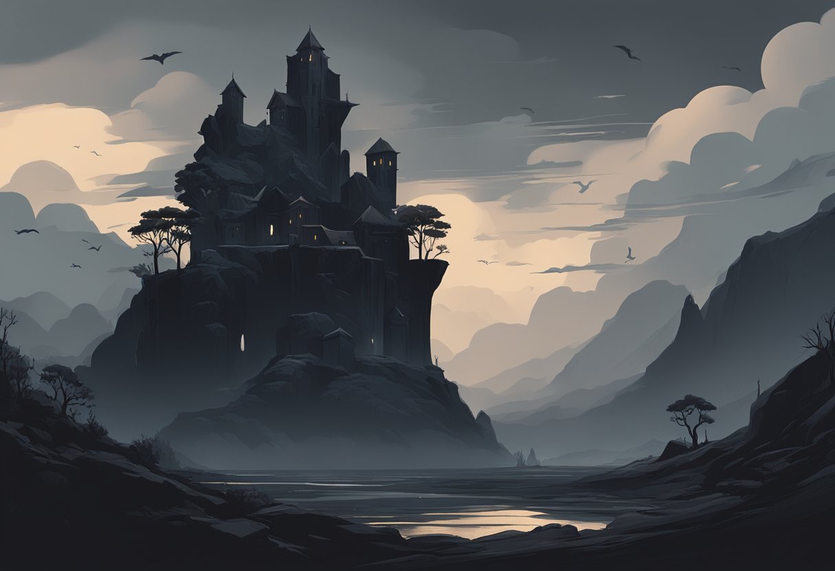 A dark, foreboding landscape with ominous symbols and a sense of unease