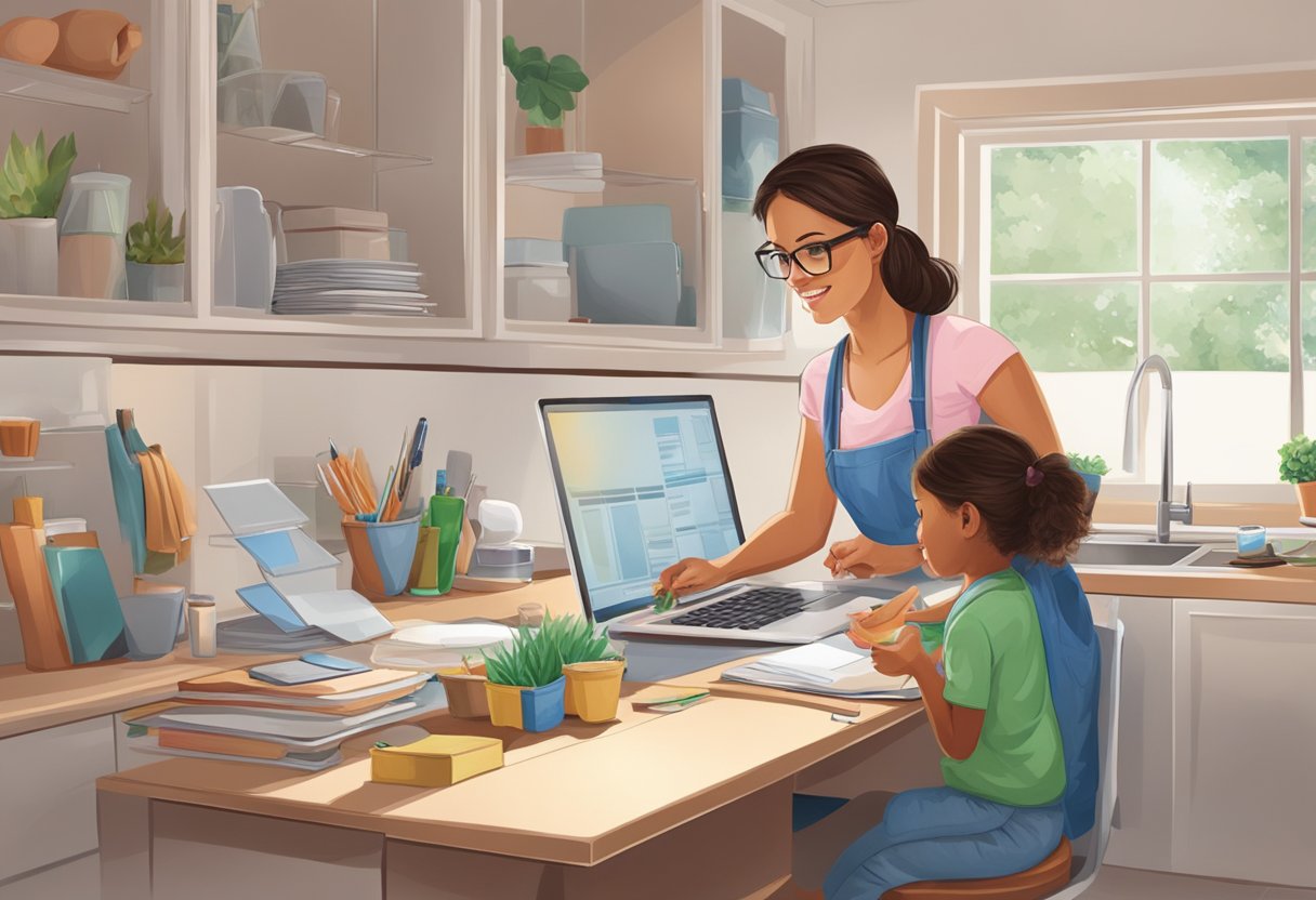 A woman multitasking at work, caring for children, and managing household tasks with ease and grace