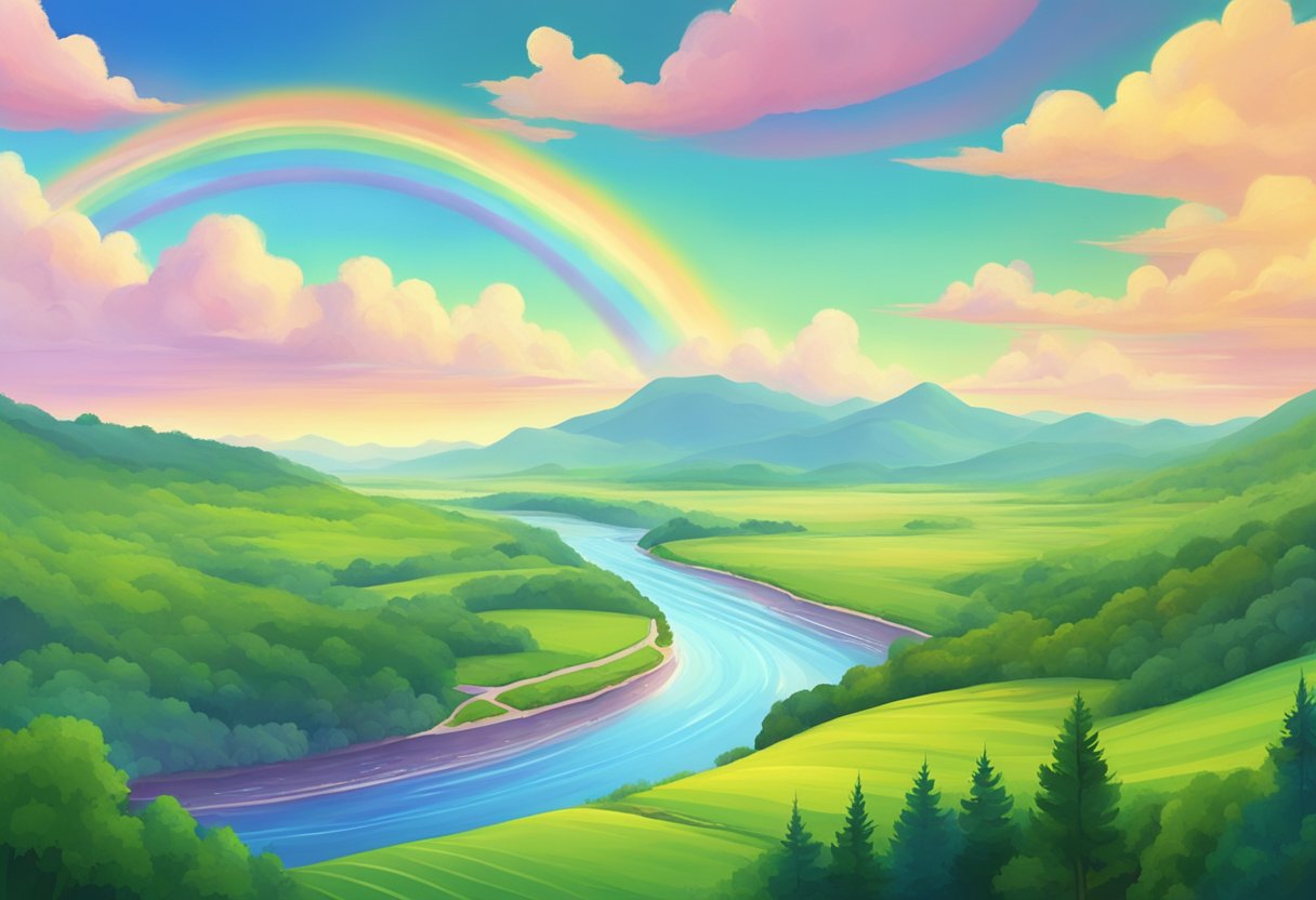 A calm river flowing through a lush green valley, with a vibrant rainbow stretching across the clear blue sky above