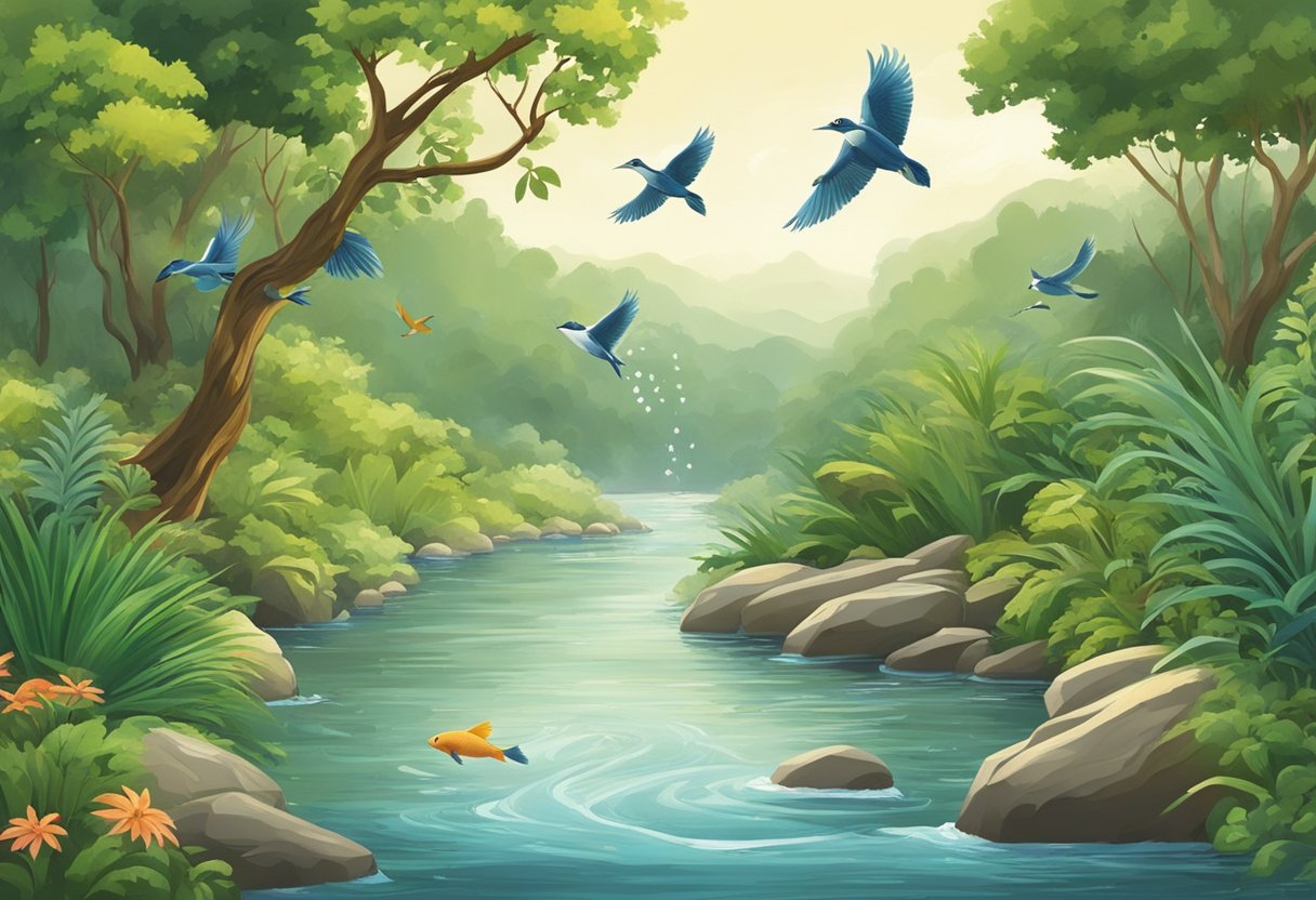 A flowing river surrounded by lush vegetation, with fish jumping out of the water and birds drinking from the banks