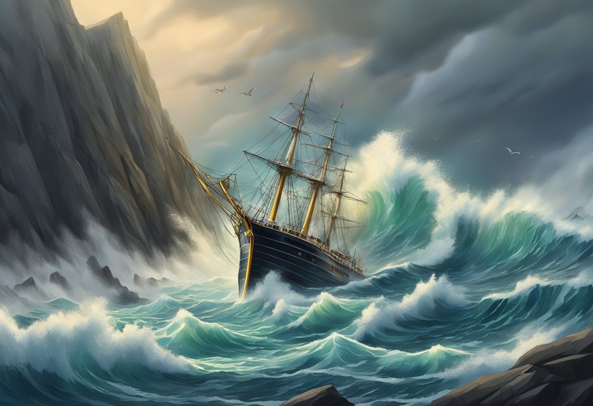 Stormy seas crash against rocky cliffs, while a lone ship battles the tumultuous waves, symbolizing chaos and deliverance