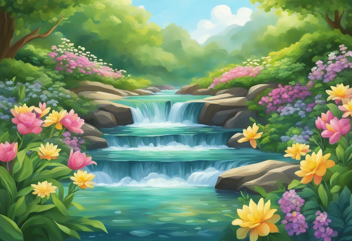 Clear, rippling waters flow from a spring, surrounded by lush greenery and vibrant flowers, symbolizing purification and renewal