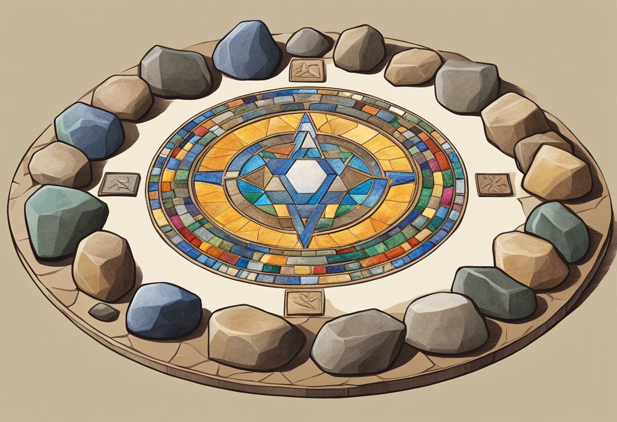 A group of twelve stones arranged in a circle, representing the 12 tribes of Israel. The stones are placed around a central object symbolizing God's presence