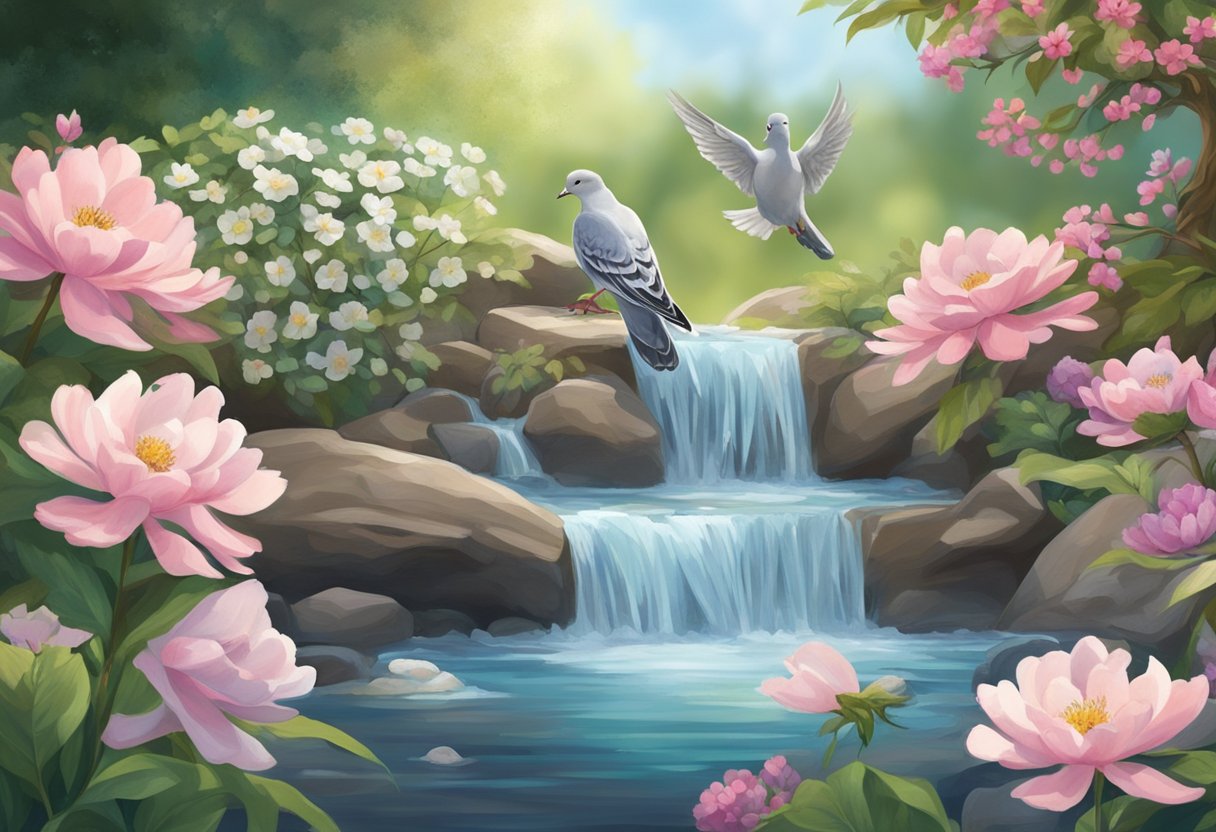 A serene garden with blooming flowers, a flowing stream, and a peaceful dove perched on a branch, symbolizing the virtues of love, compassion, and peace