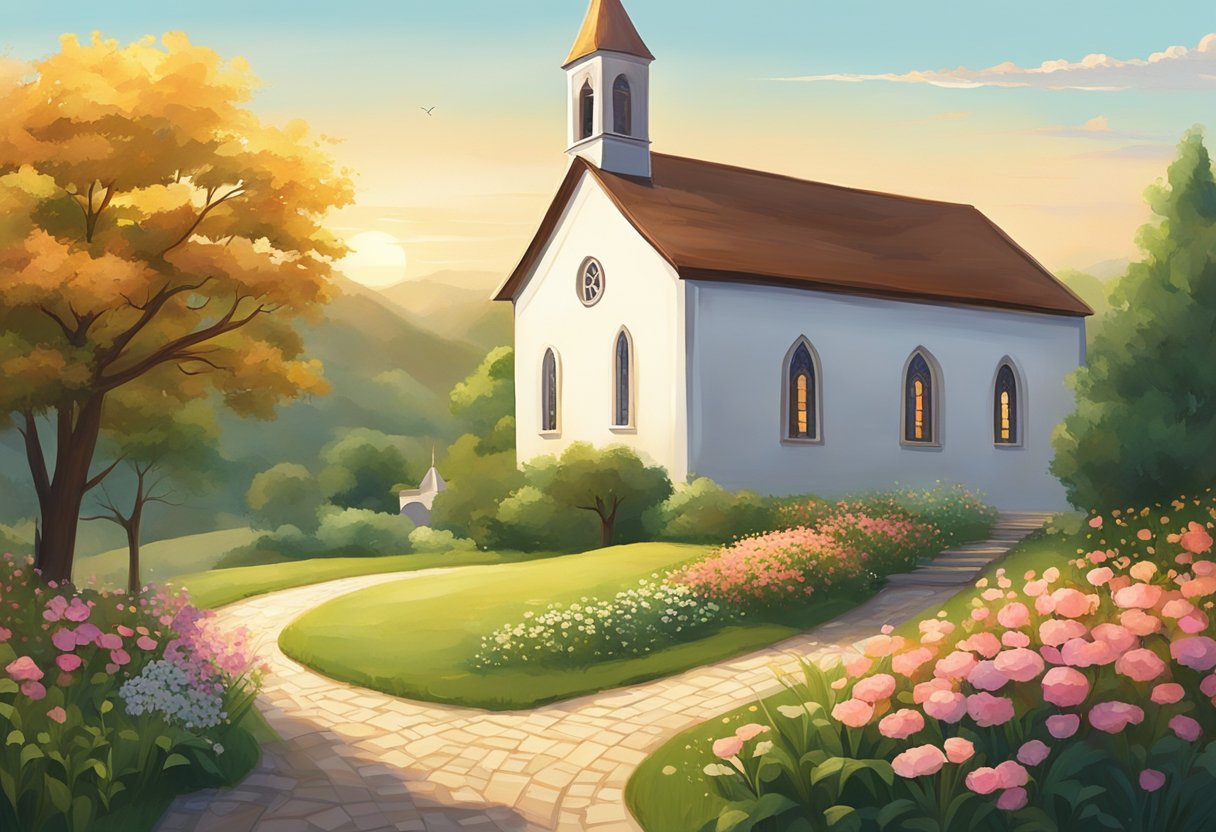 A serene countryside with a winding path leading to a quaint church, surrounded by lush greenery and blooming flowers. The sun casts a warm glow on the scene, evoking a sense of peace and tranquility