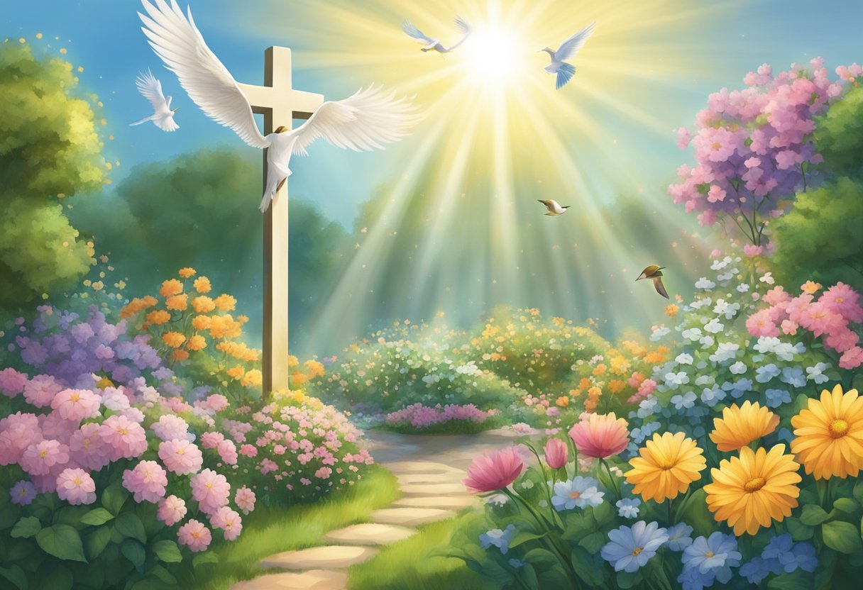 A peaceful garden with a ray of light shining down on a cross, surrounded by blooming flowers and birds in flight