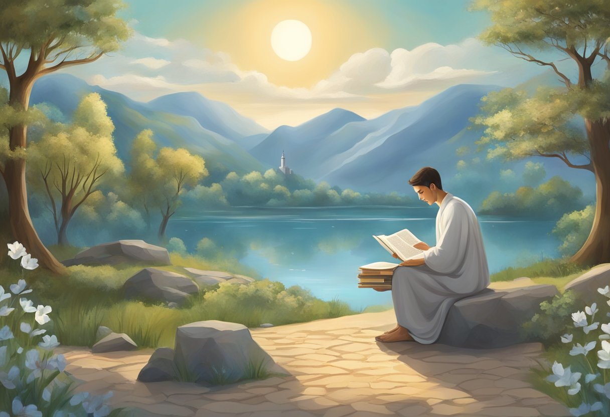 A serene landscape with a figure studying a book, surrounded by symbols of morality and spirituality