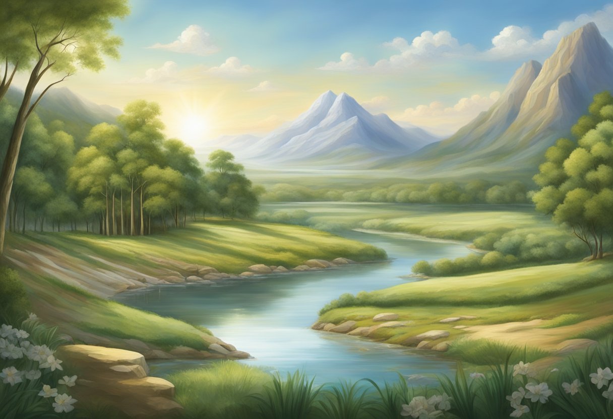 A serene landscape with a central focal point representing the themes of purity and sacrifice found in Leviticus, conveying a sense of divine order and moral guidance