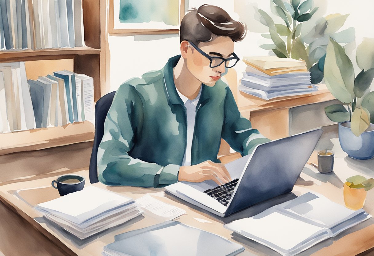 A person sitting at a desk, surrounded by papers, typing on a laptop with a thoughtful expression. A "How to Write a Resume" book is open next to them