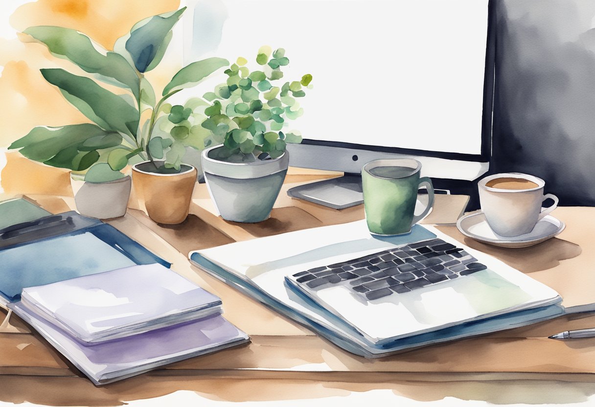 A desk with a laptop, notebook, and pen. A stack of resumes and a list of additional resume sections. A cup of coffee and a potted plant on the desk