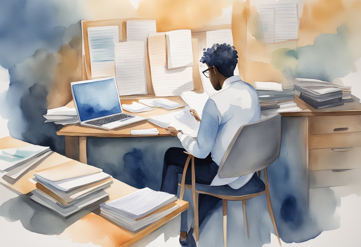 A person sitting at a desk, surrounded by papers, a laptop, and a notebook. The person is deep in thought, pen in hand, as they brainstorm and organize their job search strategy