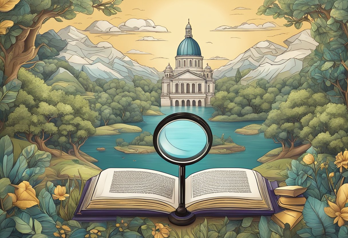 A serene landscape with an open book and a magnifying glass, surrounded by symbols of justice and compassion