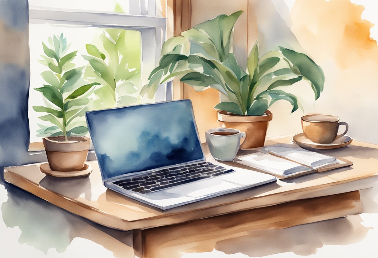 A desk with a laptop, open notebook, pen, and a cup of coffee. A window with natural light and a potted plant in the background