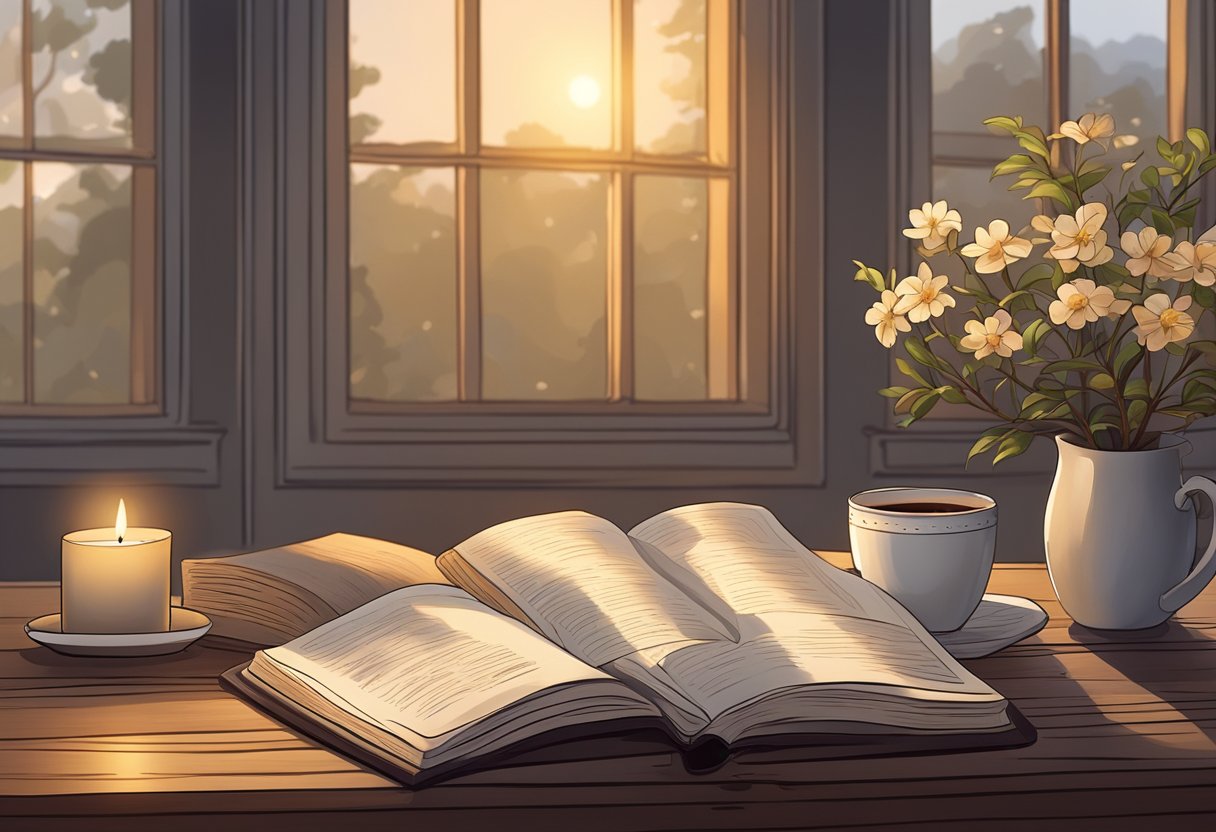 A serene candlelit room with an open Bible, a journal, and a cup of tea on a wooden table. A warm, inviting atmosphere for quiet reflection and devotion