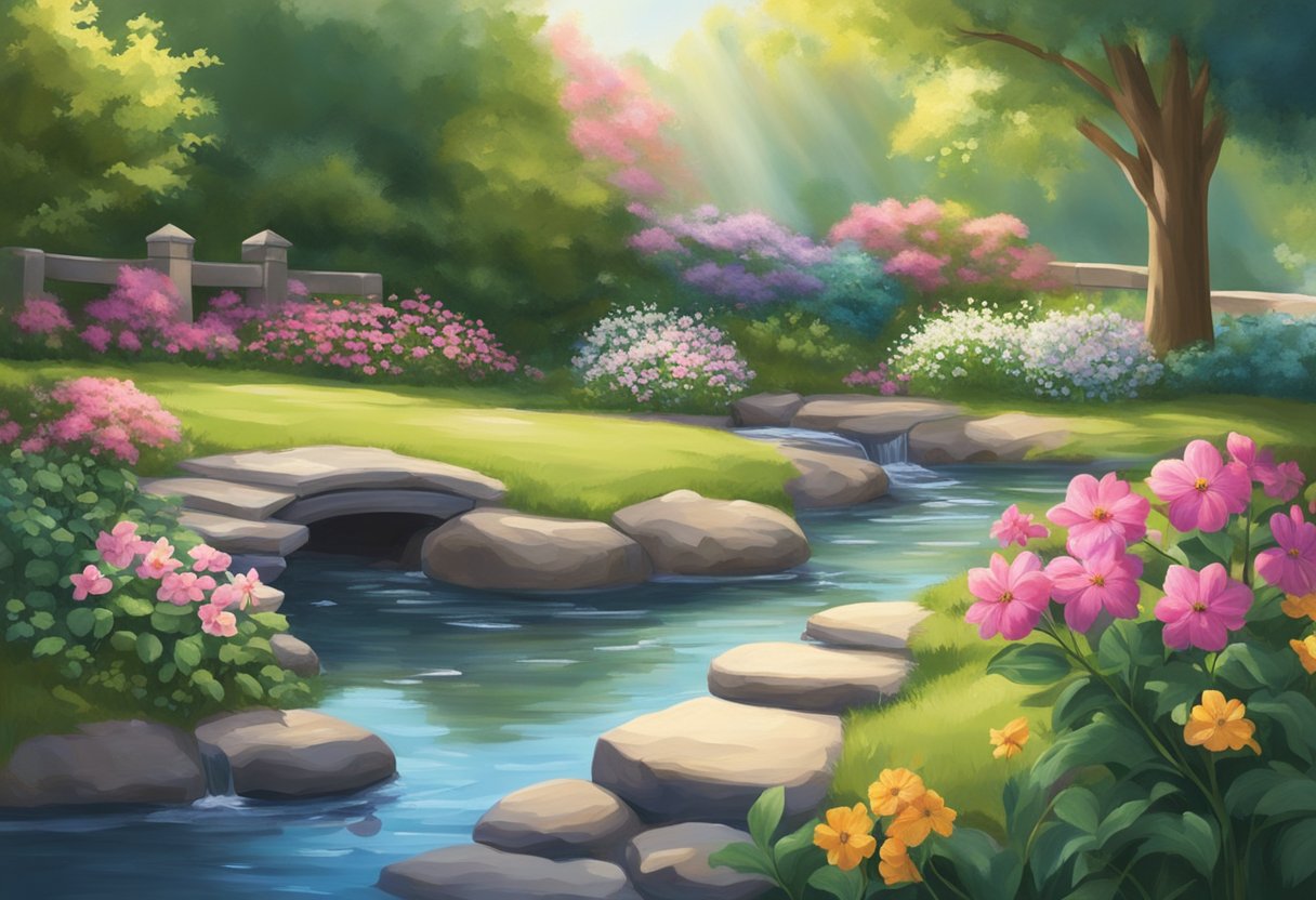 A serene, sunlit garden with blooming flowers and a peaceful stream, symbolizing spiritual growth and renewal for new believers