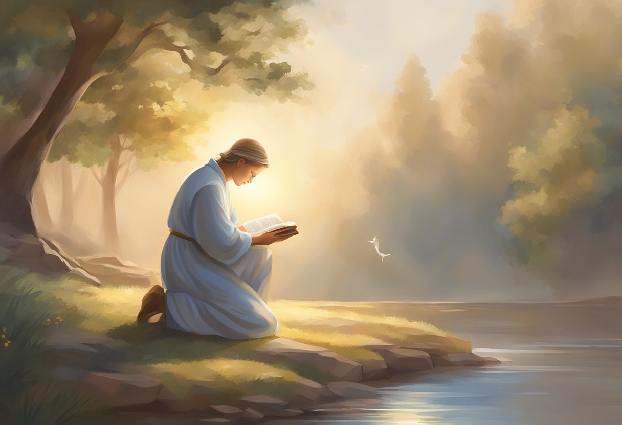 A figure kneeling in prayer, surrounded by soft light and an aura of peace. A gentle breeze rustles the pages of an open Bible, symbolizing a new believer's journey in developing a relationship with God