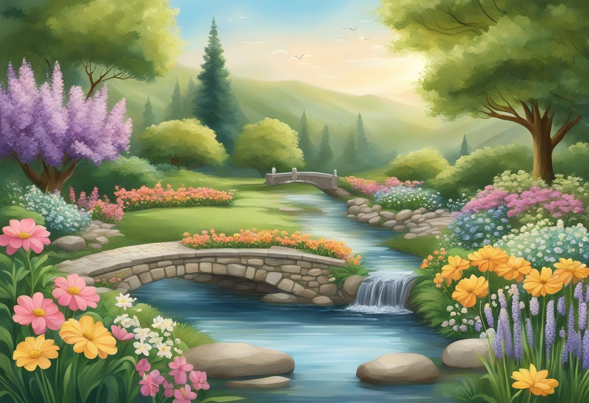 A serene garden with blooming flowers and a gentle stream, surrounded by uplifting Christian scriptures