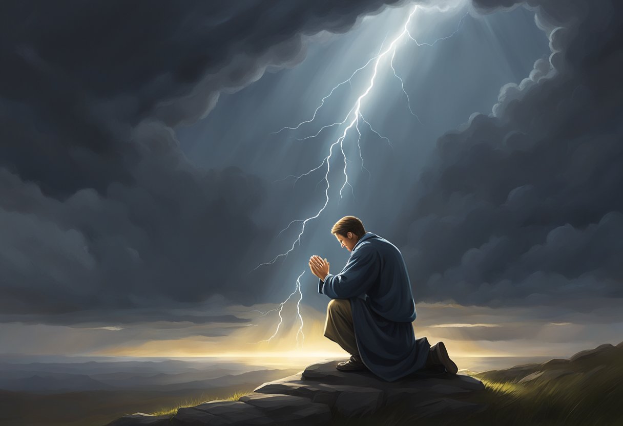 A figure kneels in prayer, surrounded by dark storm clouds. A beam of light breaks through, symbolizing hope and faith in the midst of life's challenges