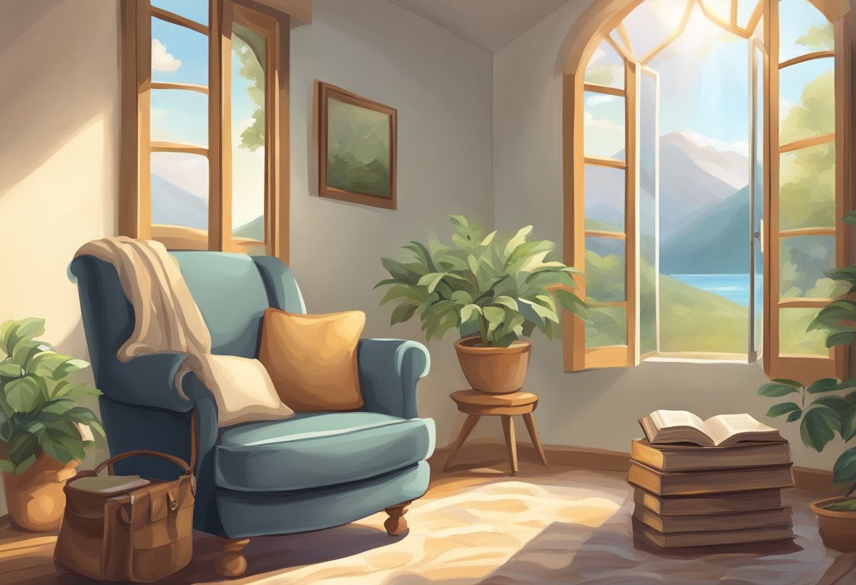 A serene and peaceful setting with an open Bible, a cozy chair, and soft natural lighting