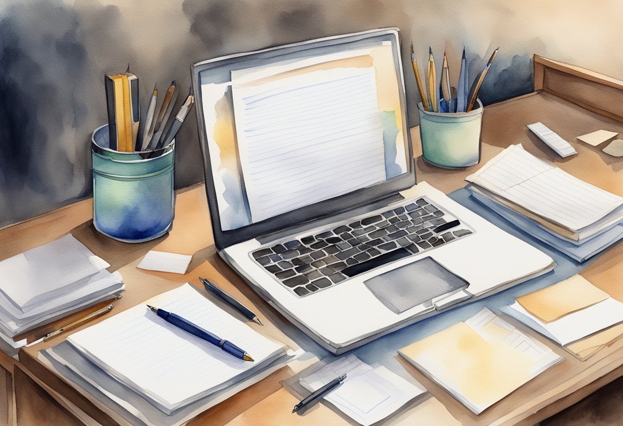 A neatly organized desk with a laptop, pen, and paper. A resignation letter is being written with a focused and professional demeanor