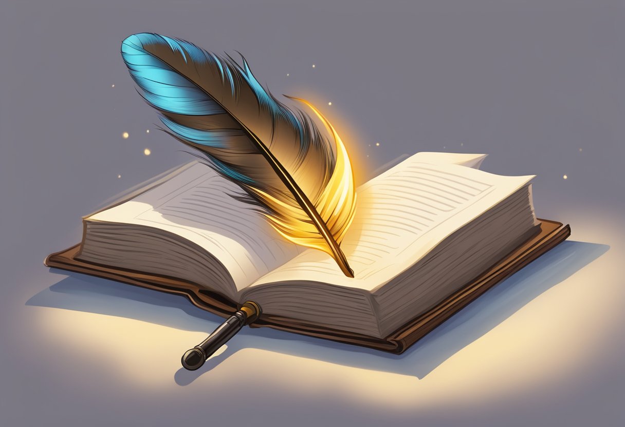 A beam of light shining through a window onto an open book, with a feather quill and inkwell beside it