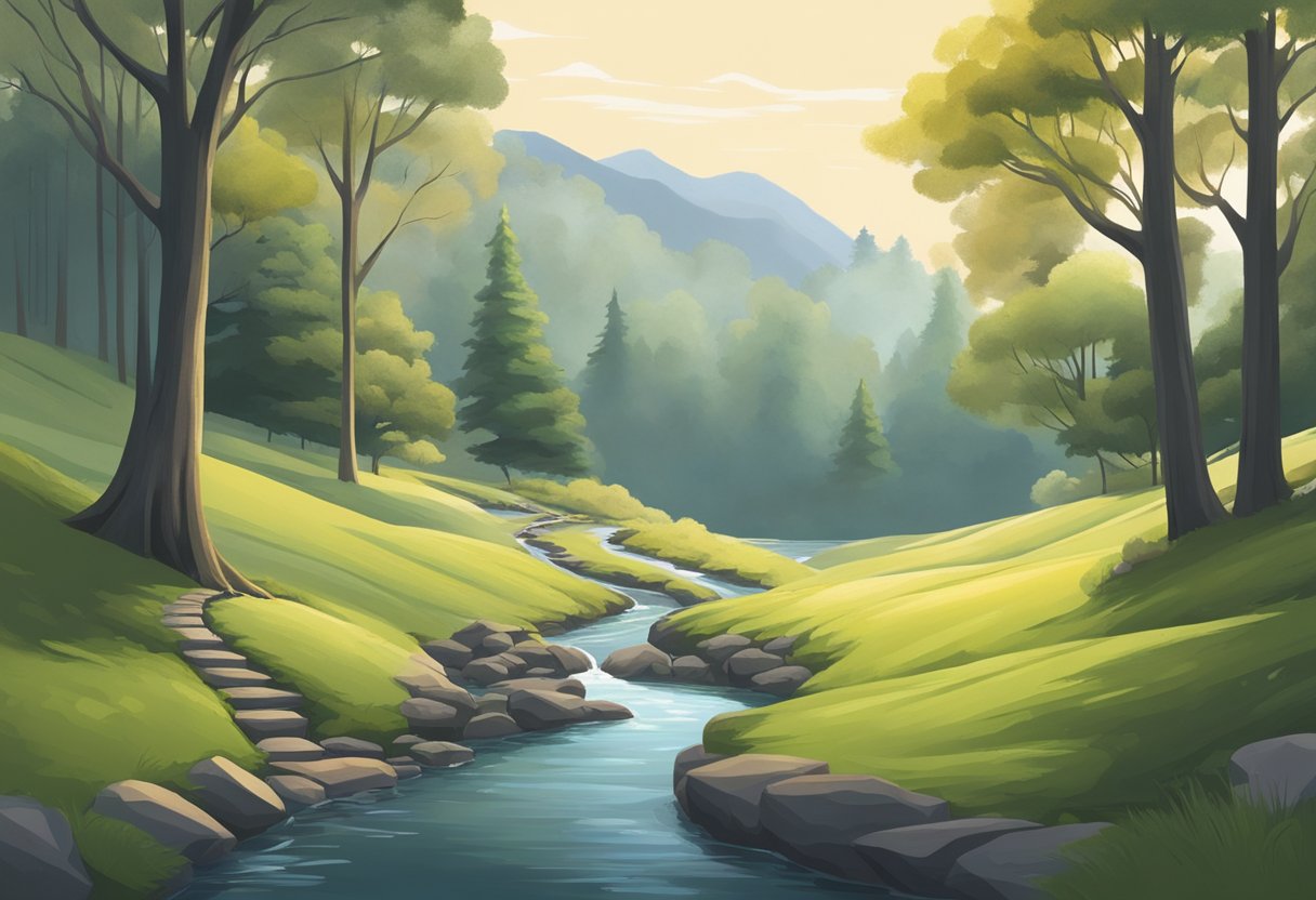 A serene landscape with a lone figure walking through a winding path, surrounded by towering trees and a gentle stream, symbolizing resilience and perseverance