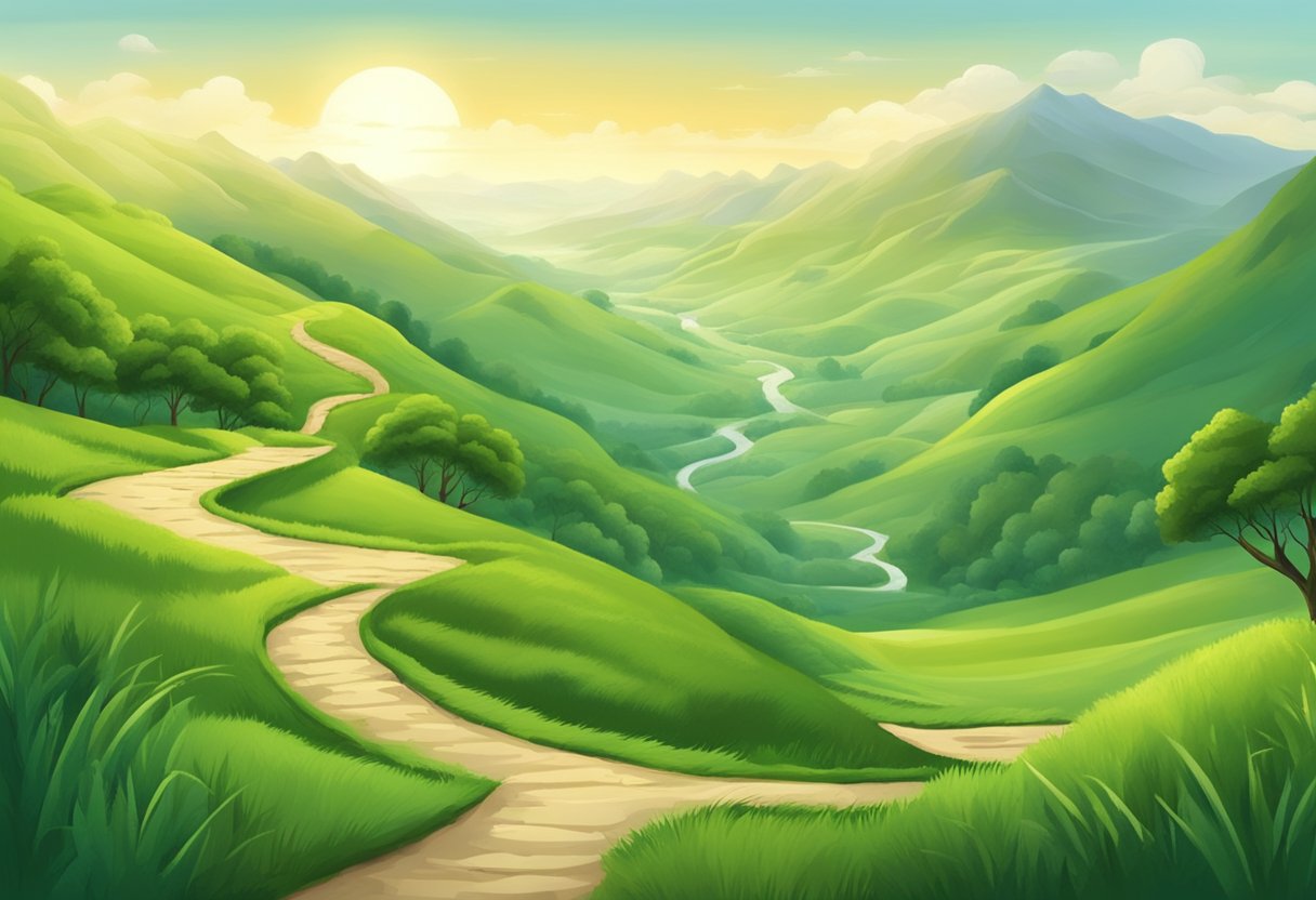 A serene landscape with a winding path leading through a lush green valley, symbolizing life's trials and the journey of understanding from the Book of Tobias