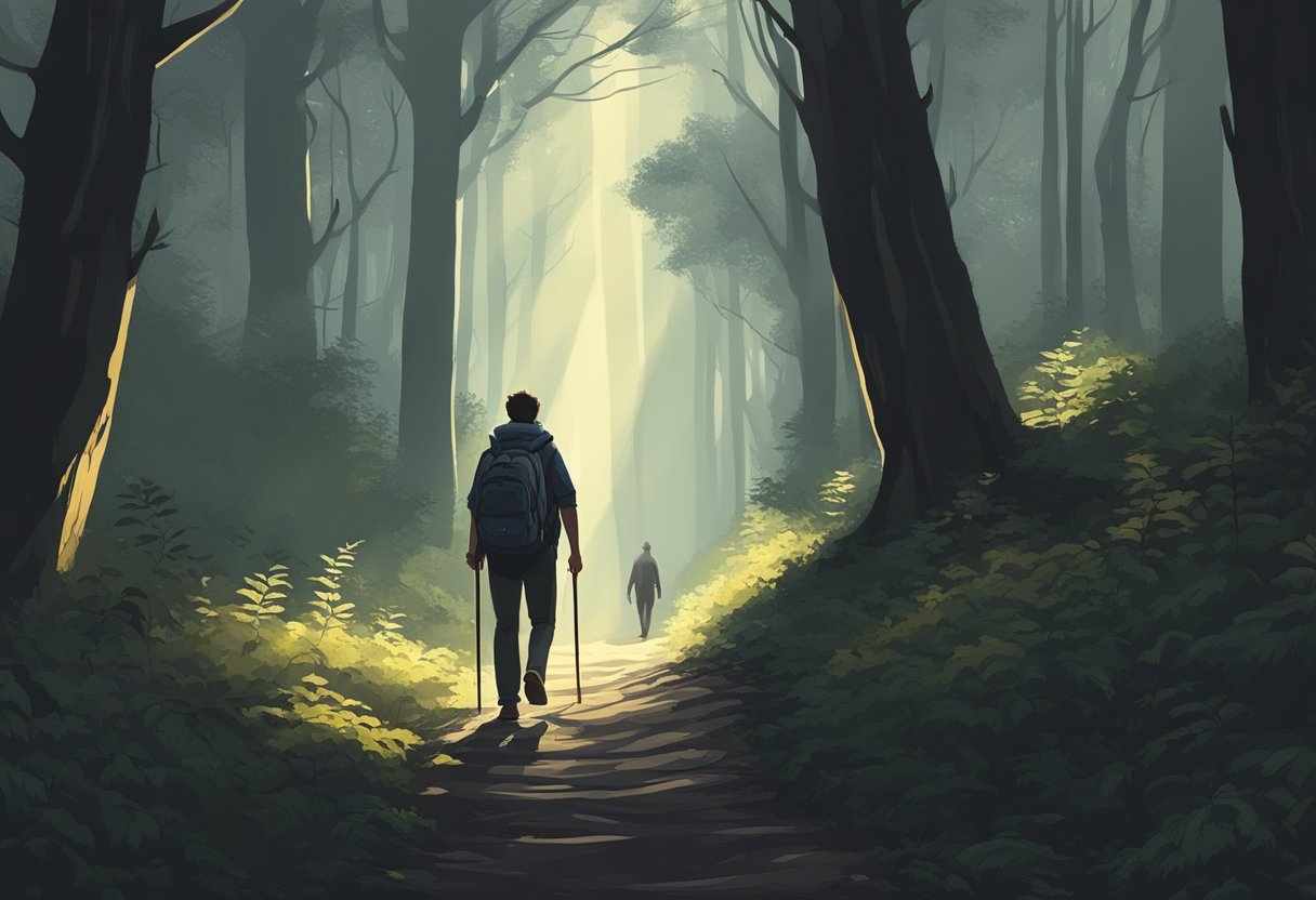 A lone figure walking through a dark forest, carrying a heavy burden on their back, while a ray of sunlight breaks through the trees ahead