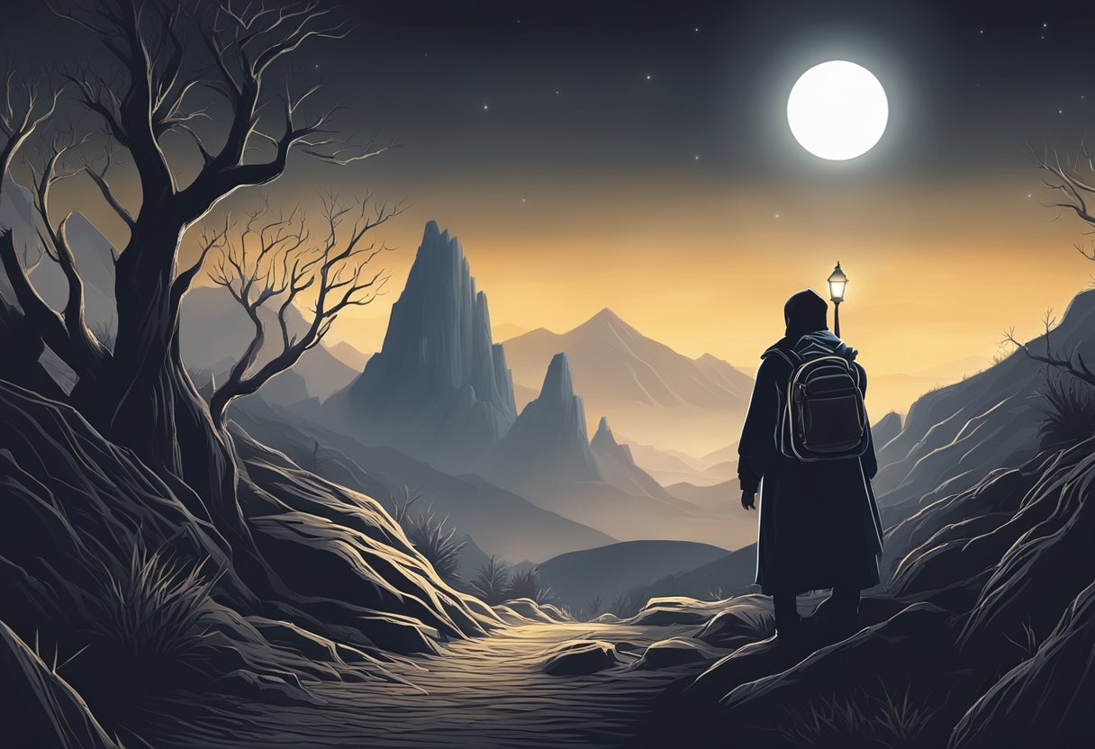 A figure standing in a dark valley surrounded by thorny obstacles, holding a lantern and facing a distant light