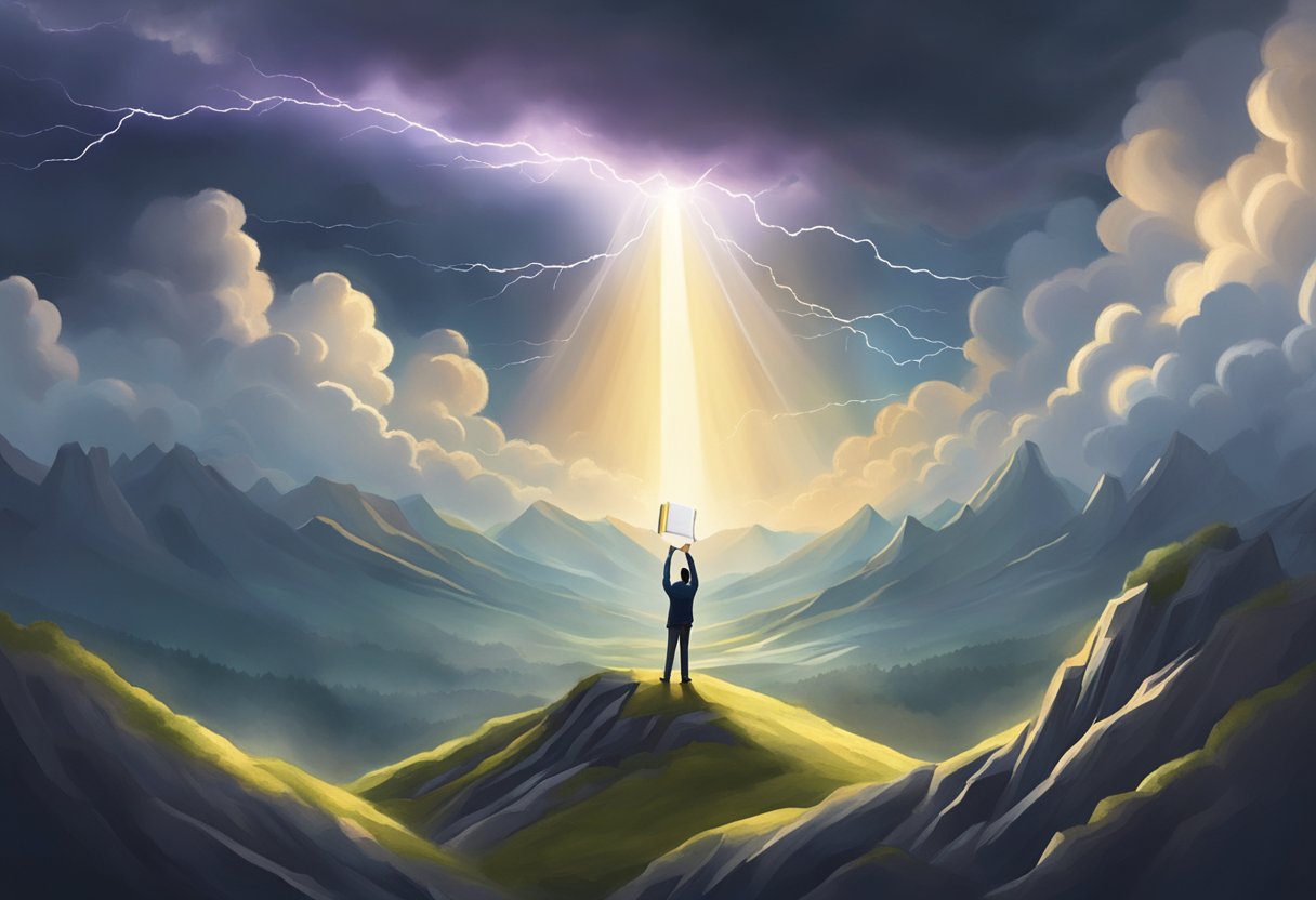 A figure standing on a mountain peak, surrounded by storm clouds, holding a book open with rays of light emanating from it