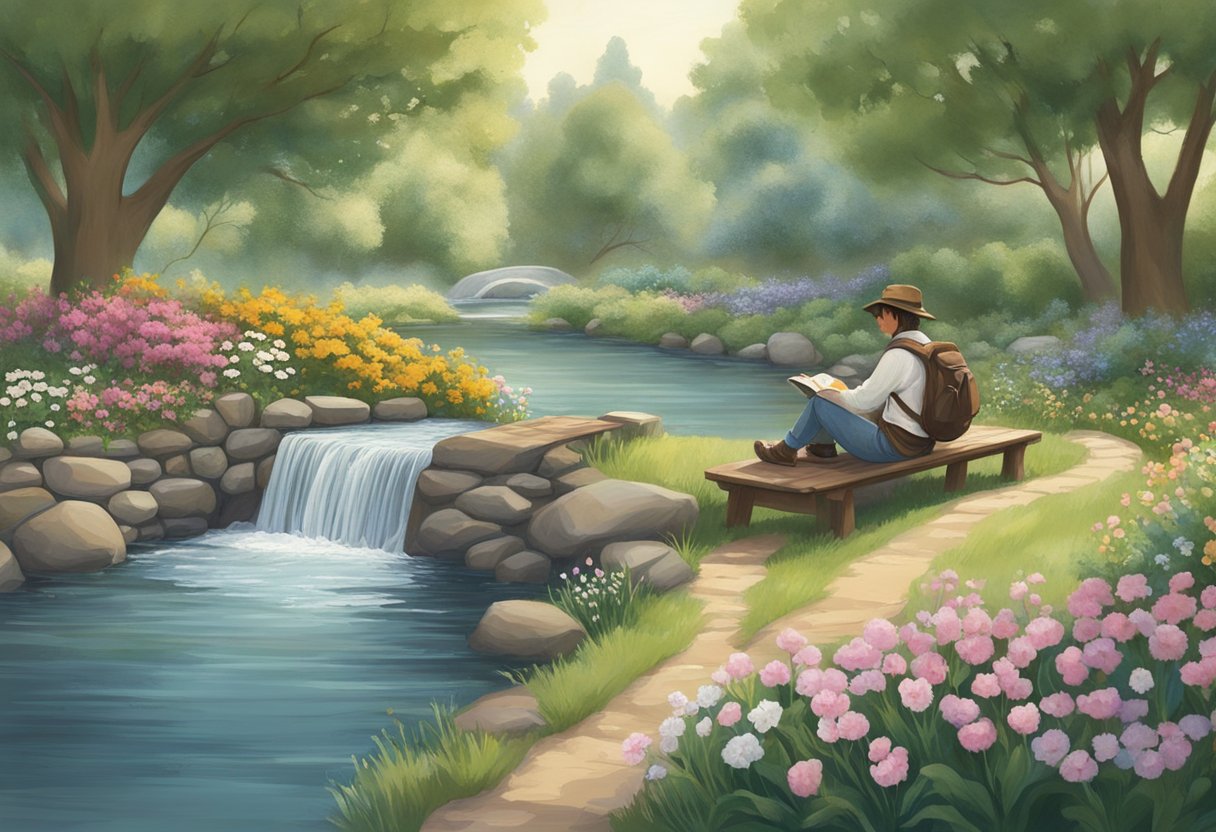 A weary traveler finding solace in a peaceful garden, surrounded by blooming flowers and a tranquil stream, symbolizing the embrace of life's trials through the book of Tobias