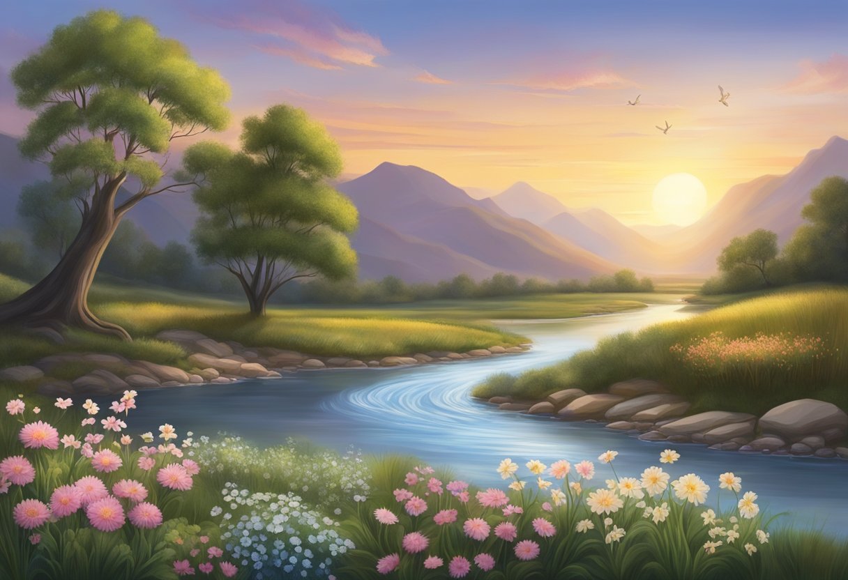 A serene landscape with a flowing river, blooming flowers, and a tranquil sunset, symbolizing the timeless lessons from the book of Prophet Hosea for spiritual growth