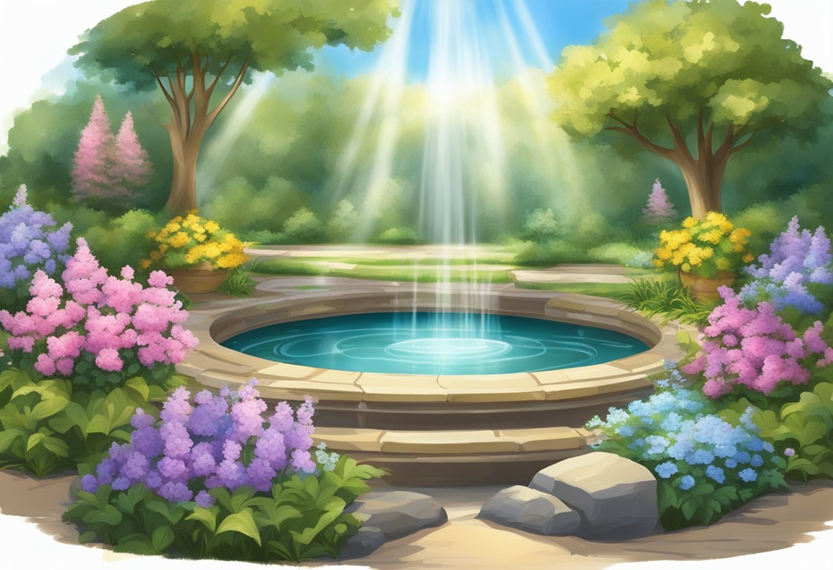 A serene garden with blooming flowers and flowing water, surrounded by ancient scrolls and a glowing halo, symbolizing the timeless teachings of Hosea