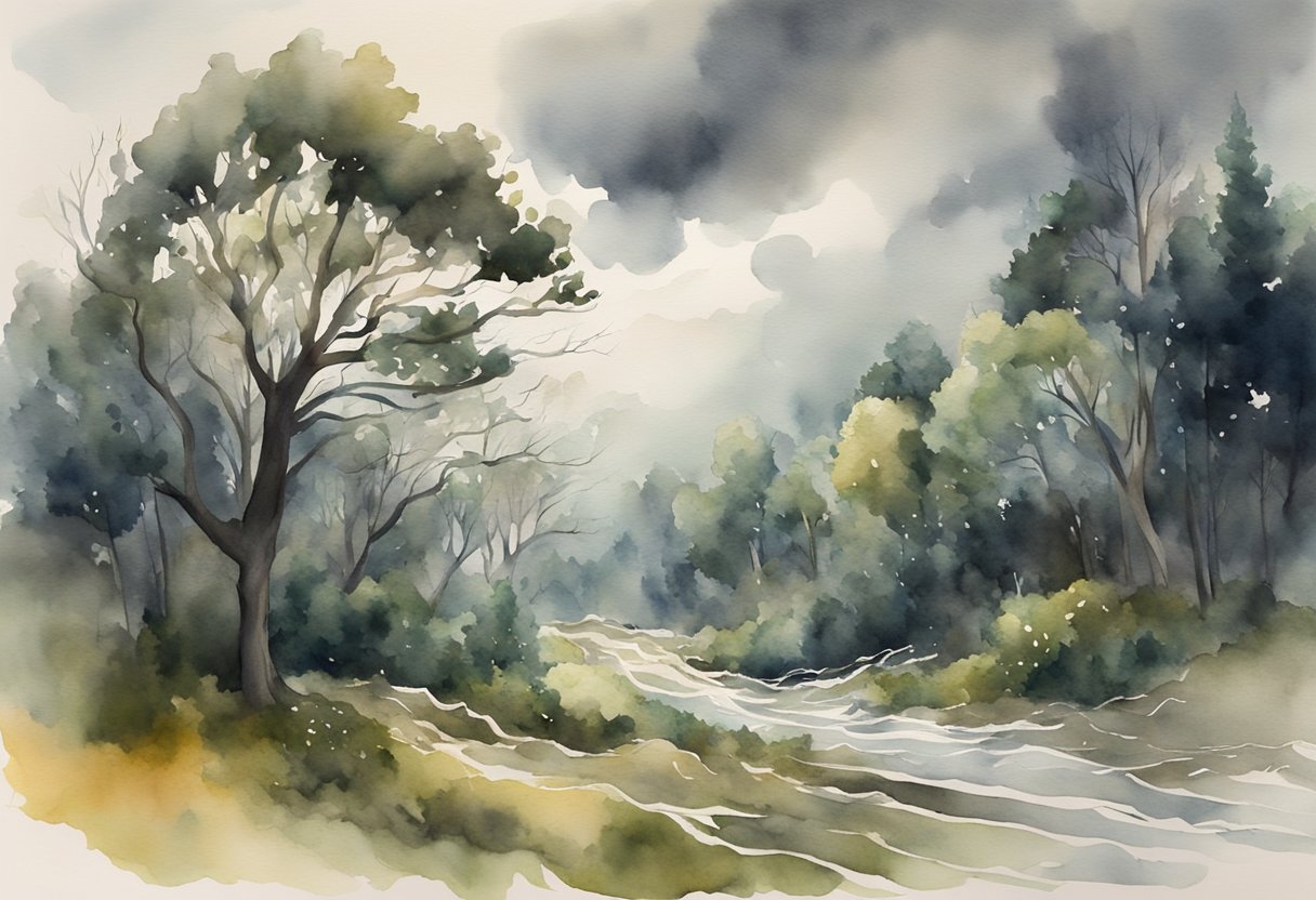 A stormy sky looming over a tangled forest, with trees bending and leaves swirling in the wind