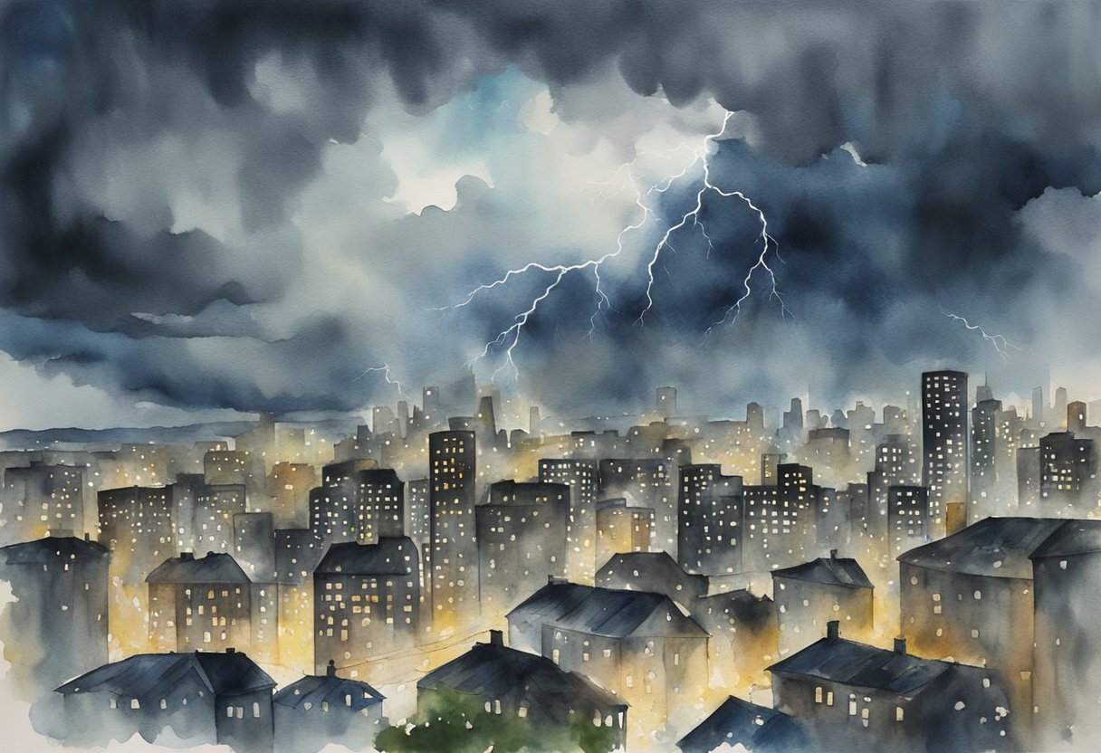 A stormy sky looms over a city skyline, with dark clouds and lightning representing external stressors