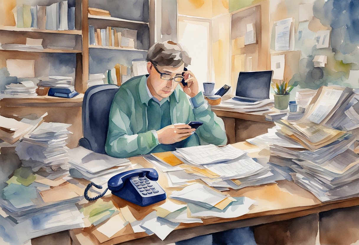 A cluttered desk with scattered papers, a ringing phone, and a looming deadline. A person sits with a furrowed brow, surrounded by noise and chaos