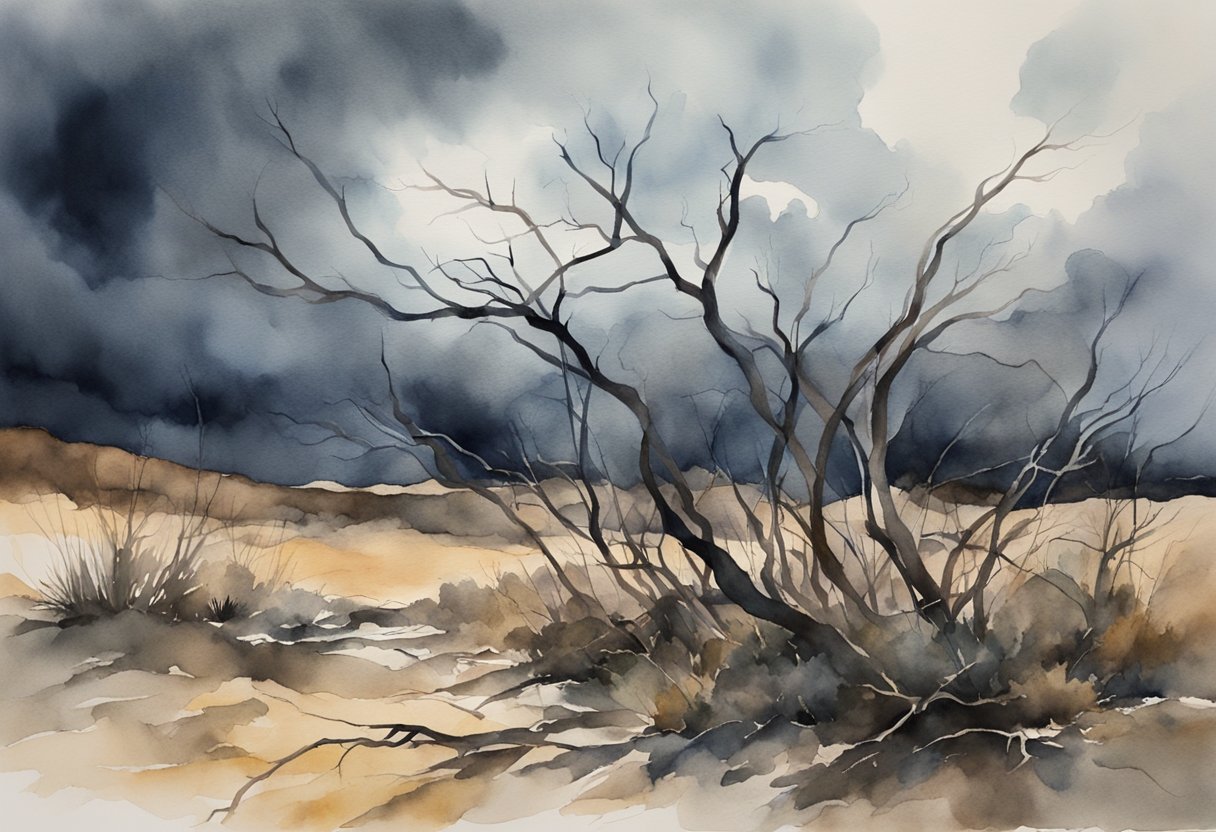 A stormy sky casting dark shadows on a barren landscape, with wilted plants and tangled branches