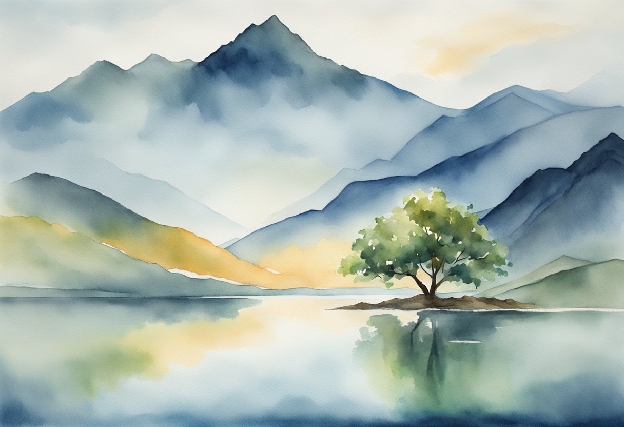 A serene lake surrounded by towering mountains, with a lone tree standing resilient against the wind