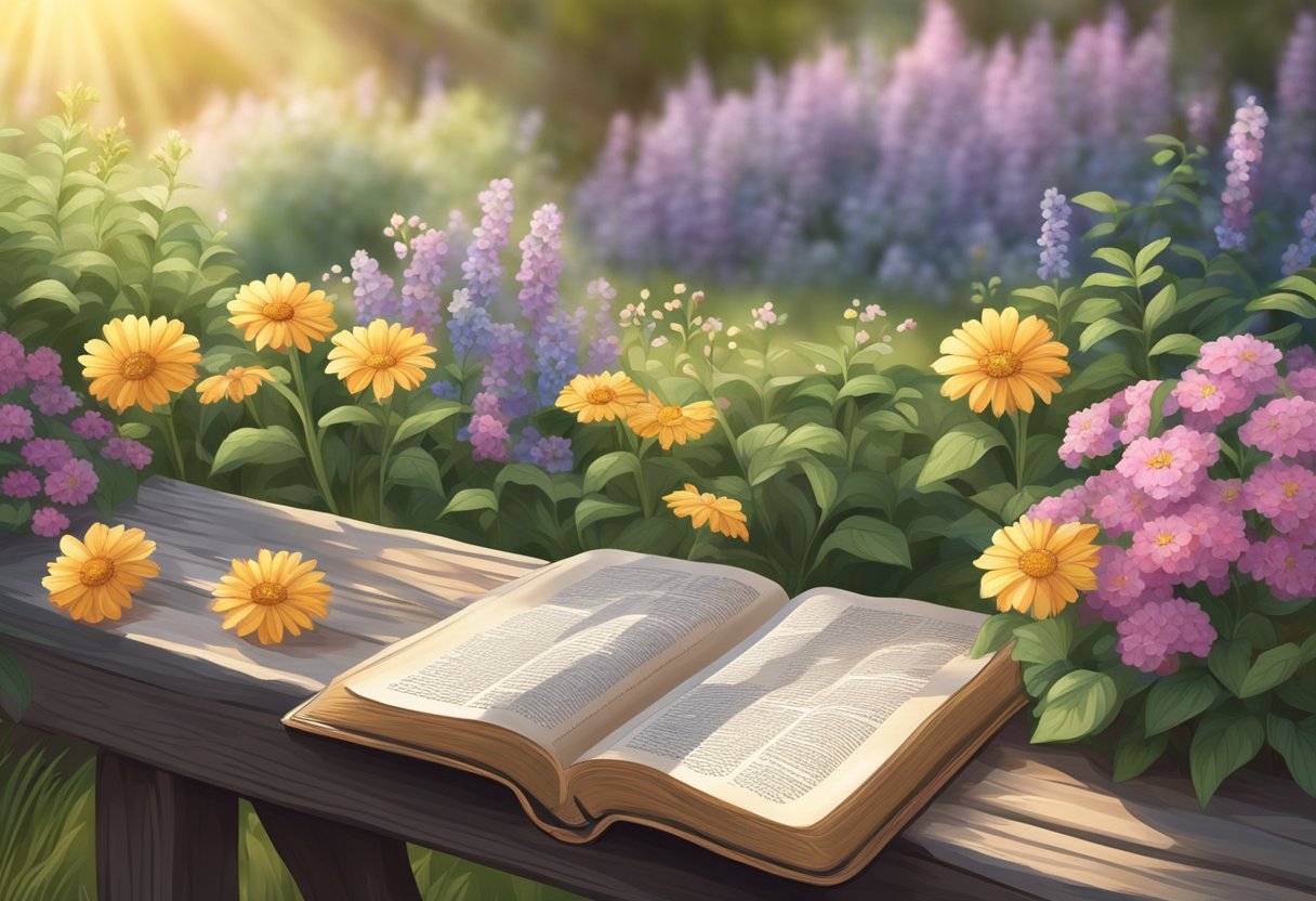 A serene, sunlit garden with an open bible resting on a weathered wooden bench, surrounded by blooming flowers and a peaceful atmosphere