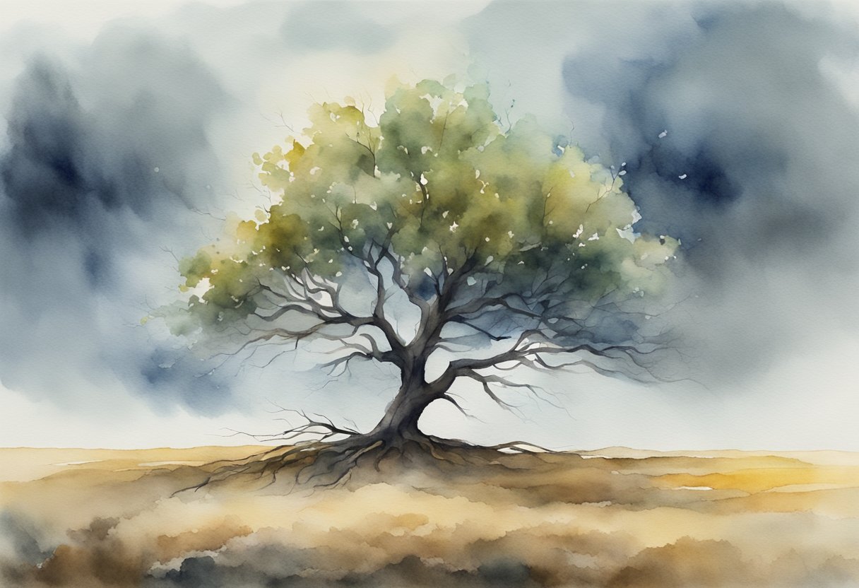 A lone tree standing strong against a storm, its roots firmly anchored in the ground while its branches sway in the wind