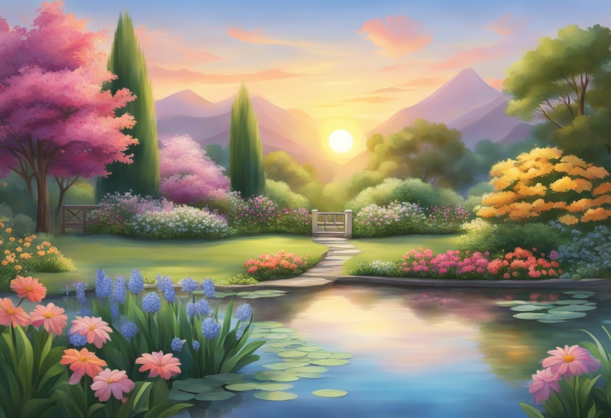 A peaceful garden with blooming flowers, a serene pond, and a vibrant sunrise, evoking a sense of joy and thankfulness