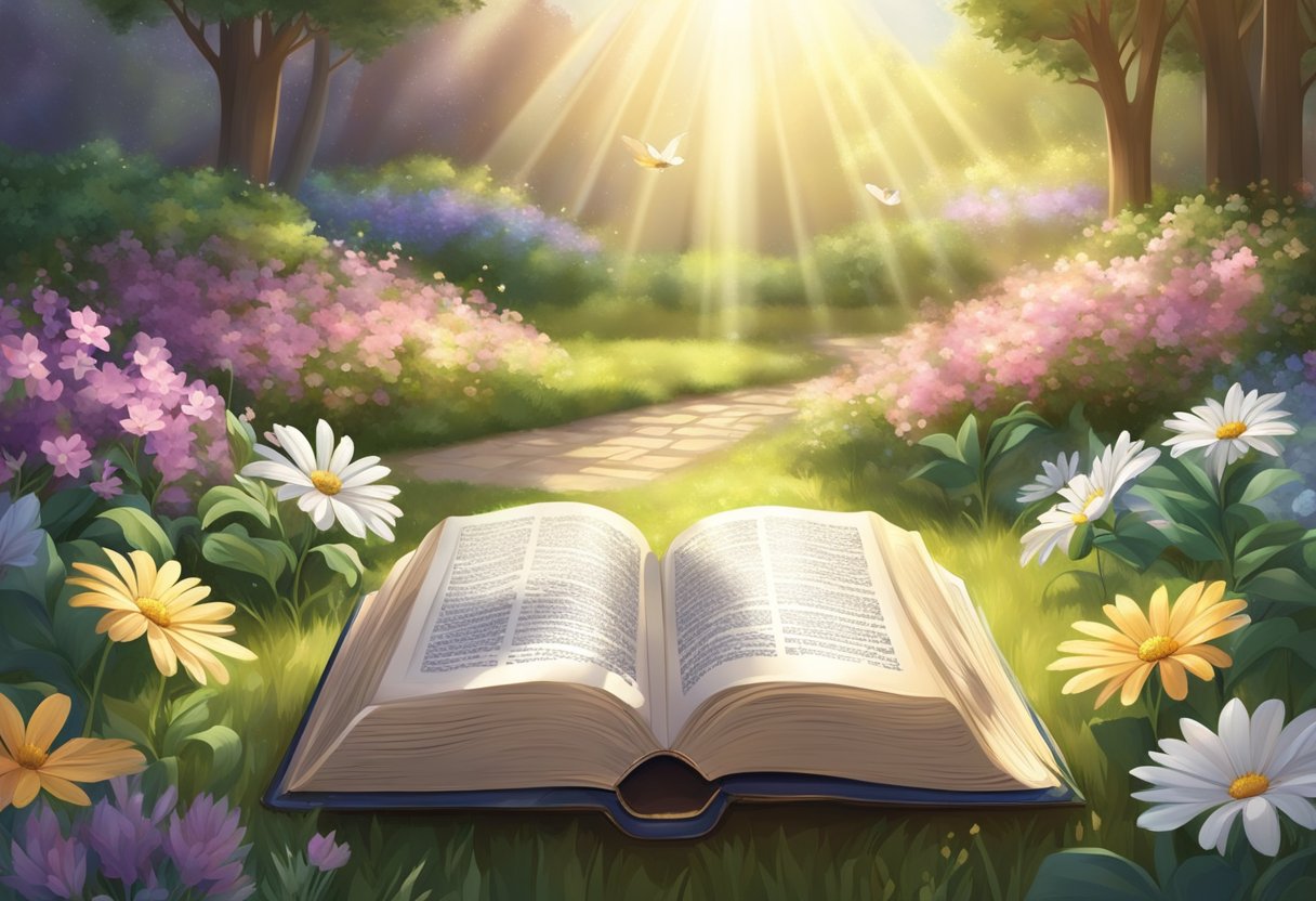 A serene garden with a beam of light shining down on an open Bible, surrounded by blooming flowers and a peaceful atmosphere